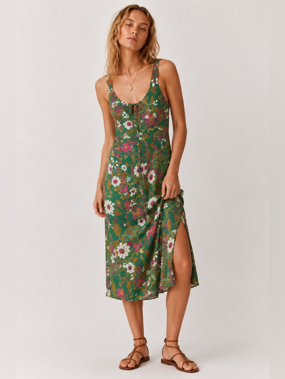 Angie Floral Boho Midi Dress Size S Green Pink Rayon Cottagecore Slip Milkmaid - Picture 1 of 8